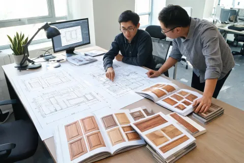 Technical support desk reviewing elevation markups