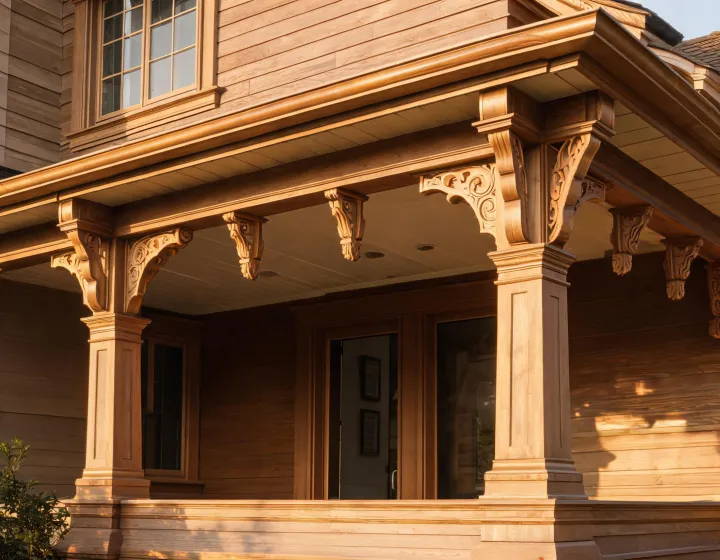 Fypon exterior trim and brackets installed on a craftsman porch elevation