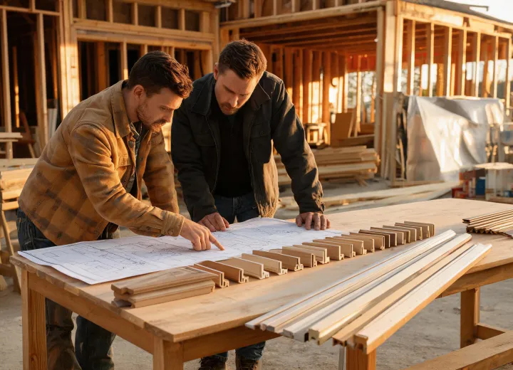 Fypon technical specialist reviewing trim shop drawings with a contractor